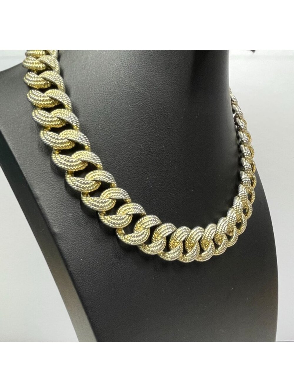 Vintage 1990s Chunky Cuban Link Necklace Gold & Silver 17"L Magnetic Clasp